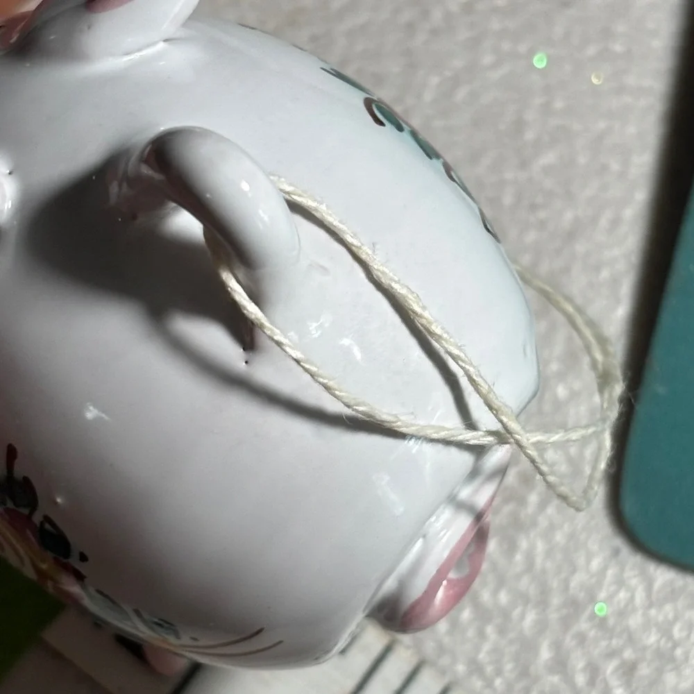 Vintage White Hand Painted Floral Ceramic Pig Hanging Ornament Figurine
